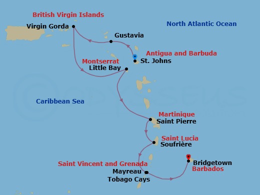 8 Night - Splendours of the Caribbean - Scenic Eclipse II - Starting in St Johns AG, Gustavia, Saint Barthelemy, Spanish Town, Virgin Gorda, Little Bay, Montserrat, St Pierre, Martinique, Soufriere, St Lucia, Mayreau, St Vincent and the Grenadines, Petit Bateau Island, Tobago Cays, Bridgetown, Barbados itinerary map
