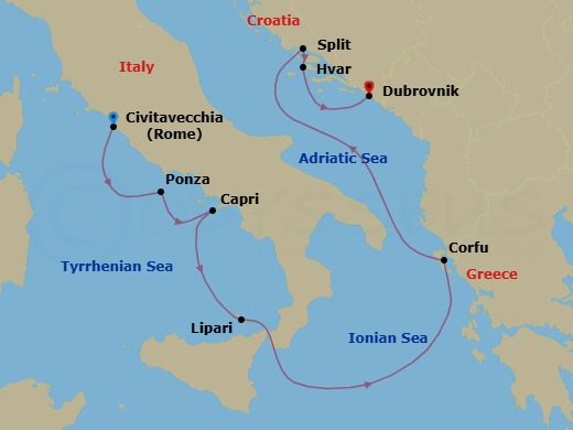 8 Night - The Islands of Italy, Greece and Croatia - Scenic Eclipse II - Starting in Civitavecchia (Rome), Italy, Ponza / Capri, Italy, Capri, Italy, Lipari, Italy, At Sea / Corfu, Greece, Corfu, Greece, At Sea / Split, Croatia, Hvar, Croatia, Dubrovnik, Croatia itinerary map