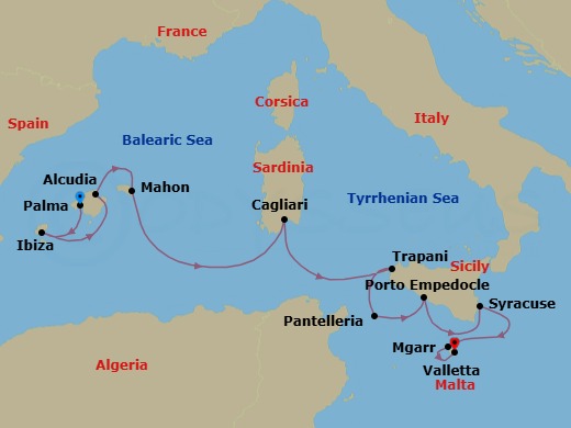 10 Night - Jewels of the Mediterranean - Scenic Eclipse II - Starting in Palma De Mallorca, Spain, Ibiza, Spain, Alcudia, Mallorca, Spain / Mahon, Menorca, Spain, Mahon, Menorca, Spain, At Sea / Cagliari, Sardinia, Italy, Trapani, Sicily, Italy, Pantelleria Island, Italy, Porto Empedocle, Sicily, Italy / At Sea, Syracuse IT, Sicily, Italy, Mgarr, Gozo Island, Malta, Valletta, Malta itinerary map