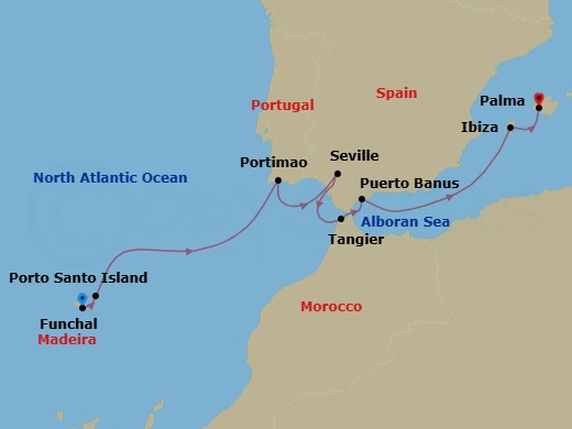 10 Night - Madeira to the Balearic Isles - Scenic Eclipse II - Starting in Funchal (Madeira), Portugal, Porto Santo Island, Portugal, Portimao (Algarve), Portugal, Seville, Spain, Tangier, Morocco, Puerto Banus (Marbella), Spain, Ibiza, Spain, Palma De Mallorca, Spain itinerary map