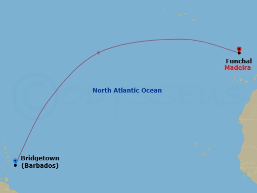 9 Night - Wellness Retreat : Barbados to Portugal - Scenic Eclipse II - Starting in Bridgetown, Barbados, Funchal, Portugal itinerary map