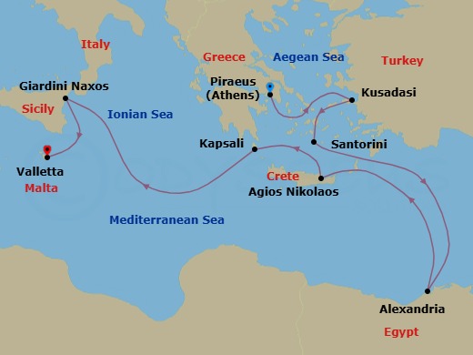 11 Night - Greek Isles, Turkey & the Pyramids - Scenic Eclipse II - Starting in Piraeus, Greece, Kusadasi, Turkey, Santorini, Greece, Alexandria EG, At Sea / Agios Nikolaos, Crete, Greece, Agios Nikolaos, Crete, Greece, Kapsali, Greece, Giardini Naxos (Taormina), Italy, Valletta, Malta itinerary map