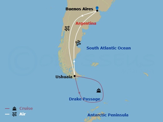 15 Night - Beyond the Antarctic Circle - Christmas & New Year's Voyage - Scenic Eclipse II - Starting in Buenos Aires, Argentina, Buenos Aires / Ushuaia, Antarctica, At Sea / Ushuaia, Ushuaia, Argentina / Buenos Aires itinerary map