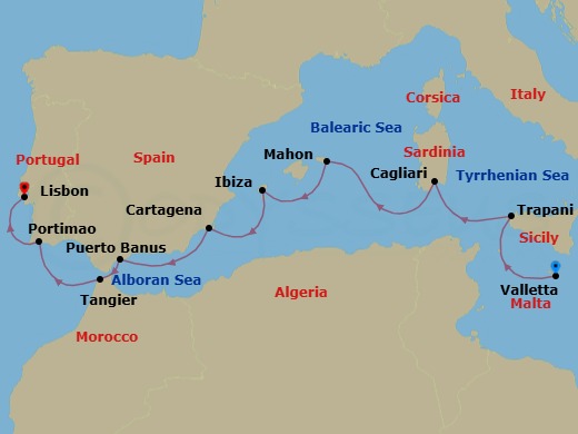 10 Night - The Hidden Wonders of the Mediterranean - Scenic Eclipse II - Starting in Valletta, Malta, Trapani, Italy, Cagliari, Italy / At Sea, Mahon, Spain, Ibiza, Spain, Cartagena ES, Spain / At Sea, Puerto Banus, Spain, Tangier, Morocco, Portimao, Portugal, Lisbon, Portugal itinerary map