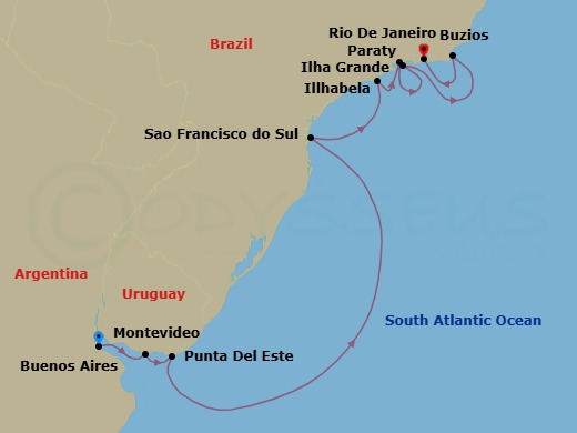 11 Night - Rhythms of the Brazilian Coastline - Scenic Eclipse - Starting in Buenos Aires, Argentina, Montevideo, Uruguay, Punta Del Este, Uruguay, Sao Francisco do Sul, Brazil, Ilhabela, Brazil, Paraty, Brazil, Abraao, Ilha Grande, Brazil, Buzios, Brazil, Rio De Janeiro, Brazil itinerary map
