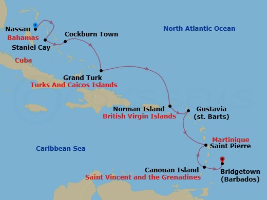 10 Night - Island Odyssey : Bahamas to the Grenadine - Scenic Eclipse - Starting in Nassau, Bahamas, Staniel Cay, Bahamas, Cockburn Town, San Salvador Island, Bahamas, Grand Turk, Turks and Caicos, Norman Island, British Virgin Islands, Gustavia, St Barts, St Pierre, Martinique, Sandy Lane, Canouan Island, Bridgetown, Barbados itinerary map