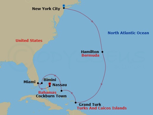 12 Night - Sounds of Discovery : New York to the Bahamas - Scenic Eclipse - Starting in New York, Hamilton, Bermuda, Grand Turk, Turks and Caicos, Cockburn Town, San Salvador Island, At Sea / Bimini, Bahamas, Bimini, Bahamas, Miami, Nassau, Bahamas itinerary map