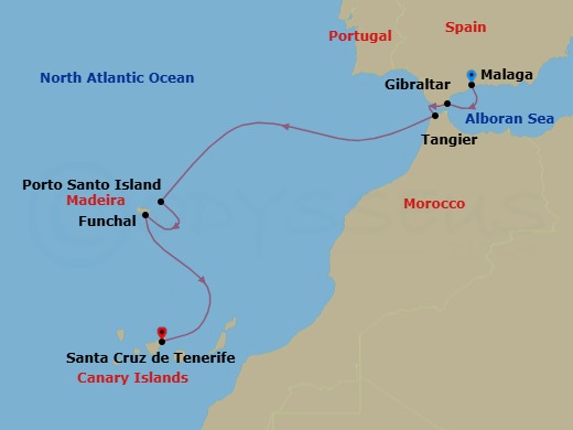 7 Night - Costa Del Sol to the Canary Islands - Scenic Eclipse II - Starting in Malaga, Spain, Gibraltar, Tangier, Morocco, Porto Santo, Portugal / Funchal, Portugal, Funchal, Portugal, Santa Cruz de Tenerife itinerary map