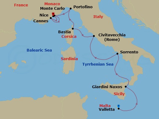 8 Night - Splendours of Sicily, Italy and the French Riviera - Scenic Eclipse II - Starting in Valletta, Malta, Giardini di Naxos (Taormina), Italy, Sorrento, Italy, Civitavecchia (Rome), Italy, Bastia, Corsica, France, Portofino, Italy, Monte Carlo, Monaco, Cannes, France, Nice, France itinerary map
