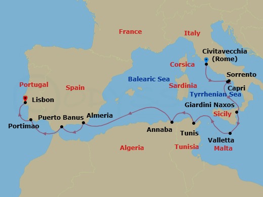 11 Night - Treasures of the Mediterranean - Scenic Eclipse - Starting in Civitavecchia (Rome), Italy, Sorrento, Capri, Giardini di Naxos (Taormina), Valletta, Malta, Tunis, Tunisia, Annaba, Algeria, Almeria, Spain, Puerto Banus (Marbella), Spain, Portimao, Portugal, Lisbon, Portugal itinerary map