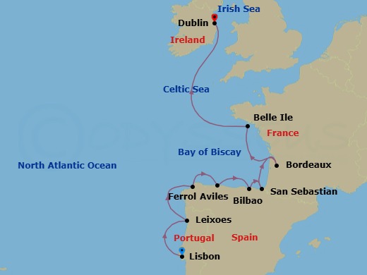 11 Night - Heritage & Traditions of Western Europe - Scenic Eclipse - Starting in Lisbon, Portugal, Leixoes (Porto), Portugal, Ferrol, Spain, Aviles, Spain, Bilbao, San Sebastian, Spain, Bordeaux, France, Belle-Ile, France, Dublin, Ireland itinerary map