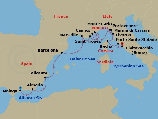 14 Night - Mediterranean Odyssey : Spain, Italy and the French Riviera - Scenic Eclipse - Starting in Malaga, Spain, Almeria, Spain, Alicante, Spain, Barcelona, Spain, Marseille, France, St Tropez, France, Monte Carlo, Monaco, Cannes, France, Porto Venere, Italy, Marina di Carrara, Italy, Livorno, Italy, Bastia, Corsica, Porto Santo Stefano, Italy, Civitavecchia (Rome), Italy itinerary map