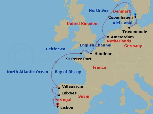 11 Night - Wonders of Europe : Copenhagen to Lisbon - Scenic Eclipse II - Starting in Copenhagen, Denmark, Travemunde, Germany, Kiel Canal Cruising, Cruising North Sea / Amsterdam, Netherlands, Amsterdam, Netherlands, Cruising English Channel / Honfleur, France, Honfleur, France, Saint Peter Port, Guernsey, Vilagarcia de Arousa, Spain, Leixoes (Porto), Portugal, Lisbon, Portugal itinerary map
