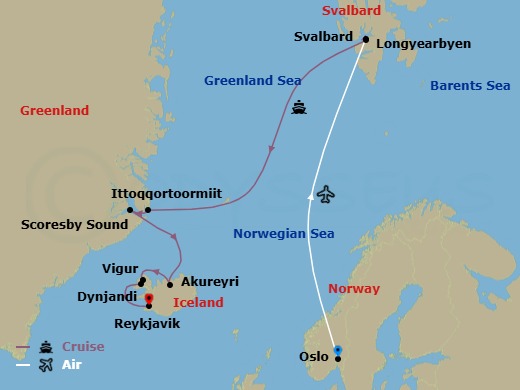 15 Night - Wonders of the High Arctic : Svalbard, Greenland & Iceland - Scenic Eclipse - Starting in Oslo, Oslo / Longyearbyen, Spitsbergen, Svalbard Archipelago, Ittoqqortoormiit, Greenland, Scoresbysund, Greenland, At Sea / Akureyri, Iceland, Akureyri, Iceland, Vigur Island, Iceland, Dynjandivogur Waterfall, Iceland, Reykjavik, Iceland itinerary map