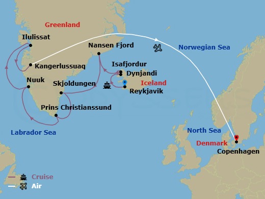 14 Night - Iceland to Greenland & the Glaciers of Disko Bay - Scenic Eclipse - Starting in Reykjavik, Dynjandivogur Waterfall, Isafjordur, Fridtjof Nansen Halvo Glacier, Skjoldungen Fjord, Cruising Prince Christian Sound Herjolfsnes, Nuuk, Evighed Fjord, Disko Bay, Ilulissat, Kangerlussuaq / Copenhagen, Copenhagen itinerary map