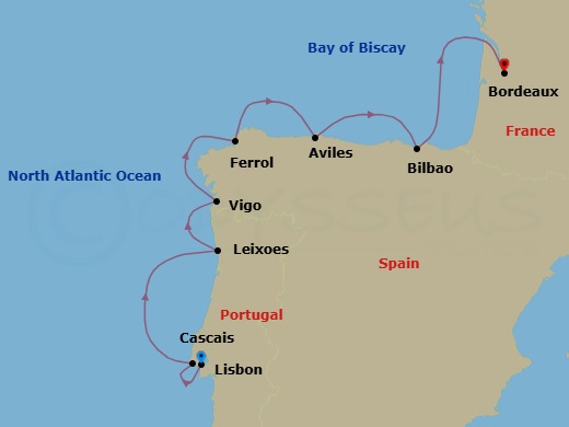 10 Night - Flavours of Portugal, Spain and France - Scenic Eclipse II - Starting in Lisbon, Portugal, Cascais, Portugal, Leixoes (Porto), Portugal, At Sea / Vigo, Spain, Vigo, Spain, Ferrol, Spain, Aviles, Spain, Bilbao, Bordeaux, France itinerary map