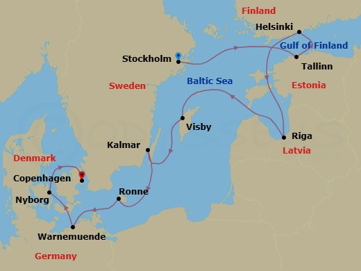 11 Night - Baltic Splendor : Stockholm to Copenhagen - Scenic Eclipse II - Starting in Stockholm, Sweden, Tallinn, Estonia, Helsinki, Finland, Cruise Baltic Sea / Riga, Latvia, Riga, Latvia, Visby, Gotland Island, Sweden, Kalmar, Sweden, Ronne, Bornholm Island, Denmark, Warnemunde, Germany, Nyborg, Denmark, Copenhagen, Denmark itinerary map