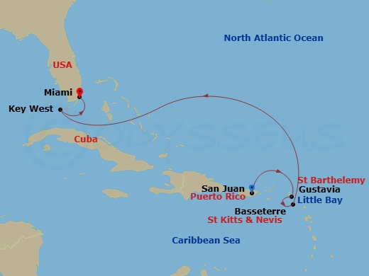 EXPLORA III - 7 Night - A Journey Through Balmy Shores & Stirring Scenery - EXPLORA III - Starting in San Juan, Gustavia, Little Bay, Basseterre, Key West, Miami itinerary map
