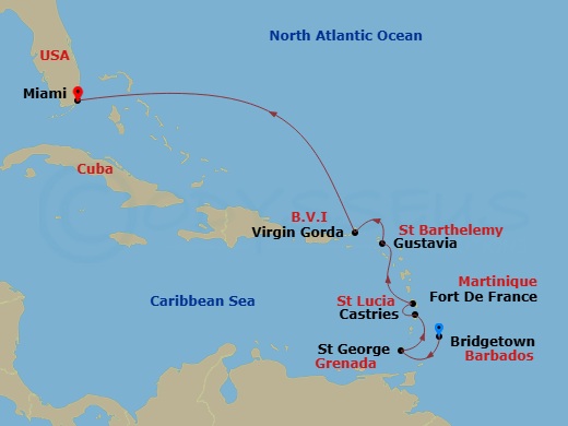 EXPLORA III - 8 Night - A Journey of Tranquil Harbours, Stunning Peaks & Caribbean Charm - EXPLORA III - Starting in Bridgetown, St Georges, Grenada, Castries, Fort-de-Fran.. itinerary map