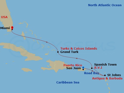 EXPLORA I - 7 Night - A Journey from Exciting Escapades to Idyllic Tranquillity - EXPLORA I - Starting in San Juan, St Johns AG, Antigua, Road Bay, Spanish Town (Virgin G.. itinerary map