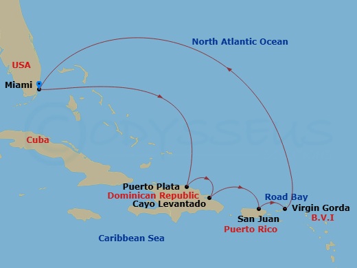EXPLORA III - 9 Night - A Journey Through Caribbean Delights & Wildlife Wonders - EXPLORA III - Starting in Miami, Puerto Plata, Dominican Republic, Cayo Levantado, Dominic.. itinerary map