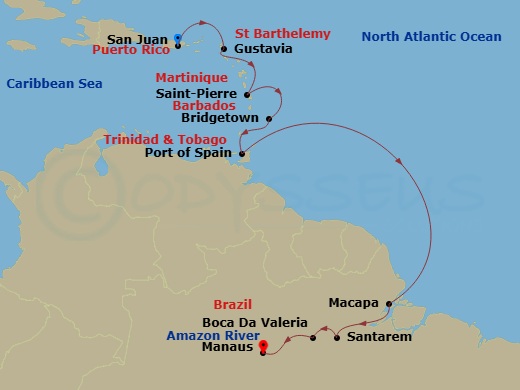 EXPLORA I - 12 Night - A Journey of Amazon Exploration & Cultural Discovery - EXPLORA I - Starting in San Juan, Gustavia, Saint-Pierre, Bridgetown, Port of Spain, Macapa,.. itinerary map