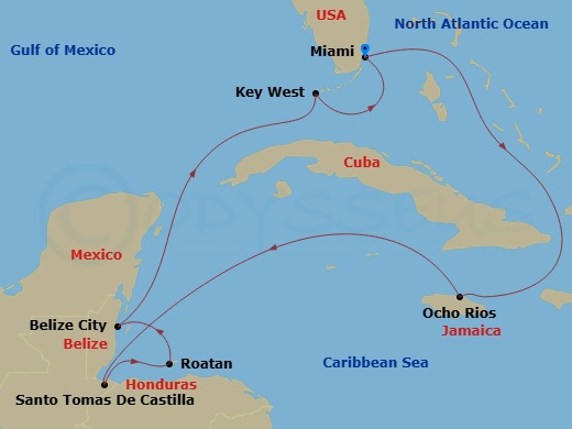 EXPLORA I - 9 Night - A Journey of Enchanting Ancient History & Coastal Splendour - EXPLORA I - Starting in Miami, Ocho Rios, Jamaica, Santo Tomas, Roatan Island, Belize.. itinerary map