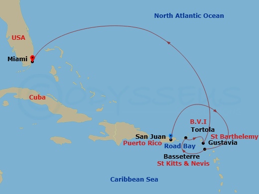 EXPLORA I - 7 Night - A Journey of Caribbean Celebrations & Island Wonders - EXPLORA I - Starting in San Juan, Basseterre, Tortola / Road Town, Gustavia, Road Bay, Miami itinerary map