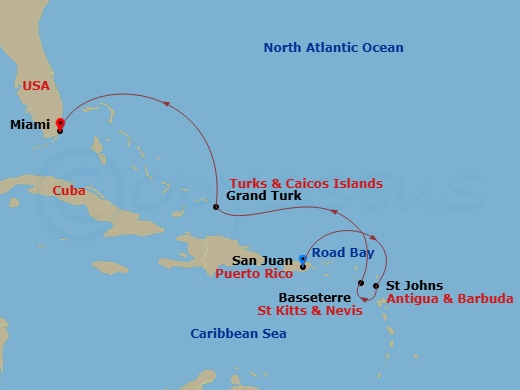 EXPLORA III - 7 Night - A Journey Through Caribbean Gems & Multi-Coloured Coasts - EXPLORA III - Starting in San Juan, Road Bay, St Johns AG, Antigua, Basseterre, Grand Tur.. itinerary map