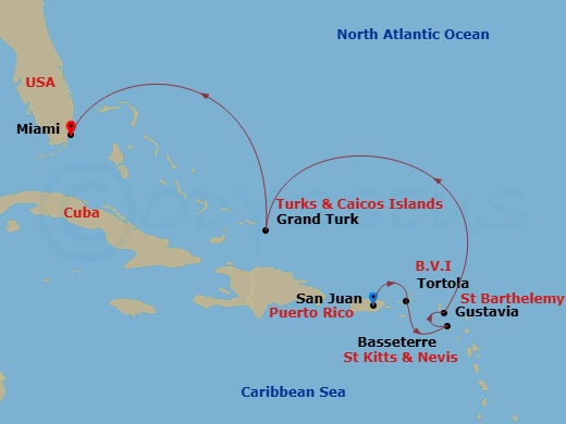 EXPLORA III - 7 Night - A Journey Through a Caribbean Tapestry of Serenity & Splendour - EXPLORA III - Starting in San Juan, Tortola / Road Town, Basseterre, Gustavia, Gran.. itinerary map