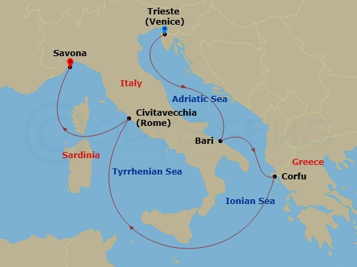Costa Deliziosa - 5 Night - Western Mediterranean from Trieste - Costa Deliziosa - Starting in Trieste, Bari, Corfu, Civitavecchia, Savona itinerary map