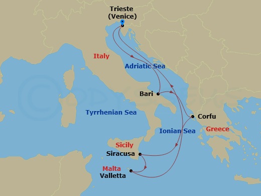 Costa Deliziosa - 6 Night - Eastern Mediterranean from Trieste - Costa Deliziosa - Starting in Trieste, Bari, Corfu, Siracusa, Malta / La Valletta, Trieste itinerary map