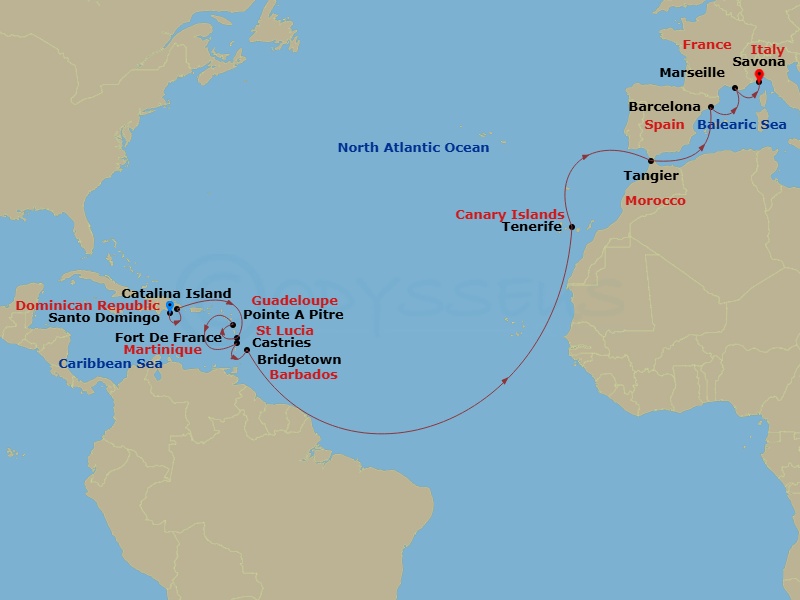 Costa Fascinosa - 19 Night - Transatlantic from Santo Domingo - Costa Fascinosa - Starting in Santo Domingo, Catalina Island, Fort-de-France, Pointe-a-Pitre, St Lucia Castries,.. itinerary map