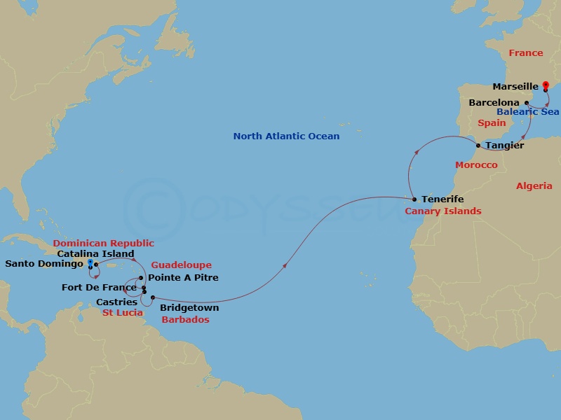 Costa Fascinosa - 18 Night - Transatlantic from Santo Domingo - Costa Fascinosa - Starting in Santo Domingo, Catalina Island, Fort-de-France, Pointe-a-Pitre, St Lucia Castries,.. itinerary map