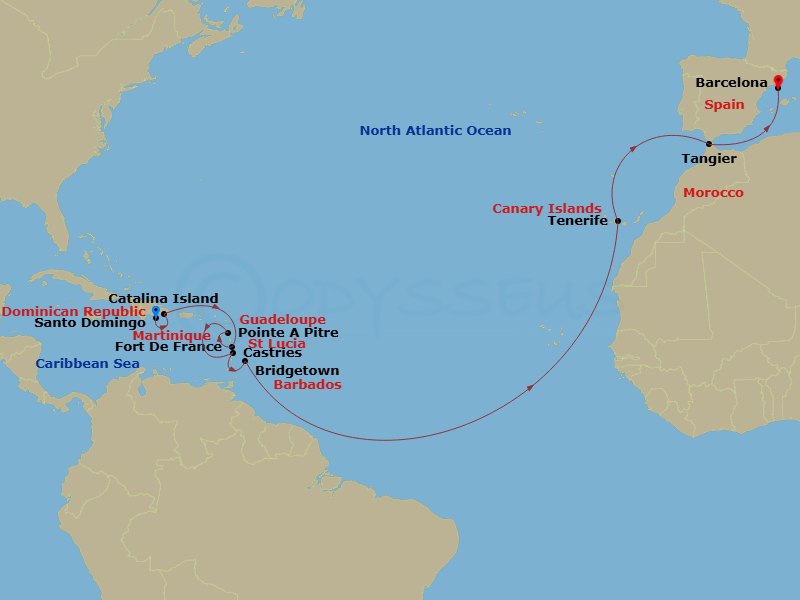 Costa Fascinosa - 17 Night - Transatlantic from Santo Domingo - Costa Fascinosa - Starting in Santo Domingo, Catalina Island, Fort-de-France, Pointe-a-Pitre, St Lucia Castries,.. itinerary map
