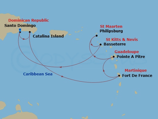 Costa Fascinosa - 7 Night - Western Caribbean from Santo Domingo - Costa Fascinosa - Starting in Santo Domingo, Catalina Island, Fort-de-France, Pointe-a-Pitre, St Maarten (Phi.. itinerary map