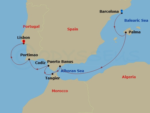 EXPLORA III - 7 Night - A Journey of Buzzing Beachside Vibes & Timeless Lyrical Charm - EXPLORA III - Starting in Barcelona, Palma De Mallorca, Puerto Banus (Marbella), Tan.. itinerary map