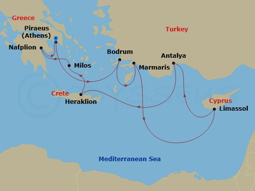 EXPLORA II - 10 Night - A Journey of Romantic Turquoise Shores & Archaeological Wonders - EXPLORA II - Starting in Piraeus (Athens), Bodrum, Marmaris, Limassol, Antalya, H.. itinerary map