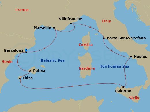 EXPLORA I - 9 Night - A Journey Through the Artistic and Historic Spirit of Mediterranean Coastal Beauty - EXPLORA I - Starting in Barcelona, Marseille, Villefranche-Sur-.. itinerary map