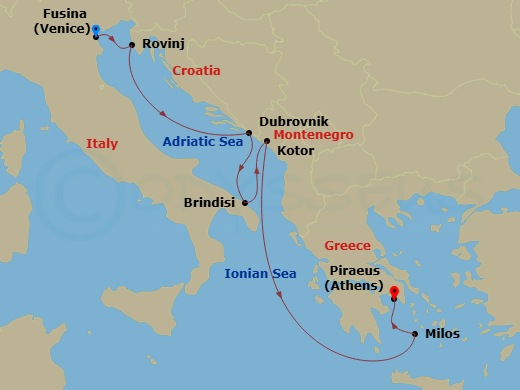 EXPLORA II - 7 Night - A Journey to Adriatic Wonders & Whispered Ancient Secrets - EXPLORA II - Starting in Fusina (Venice), Rovinj, Dubrovnik, Croatia, Brindisi, Kotor, M.. itinerary map