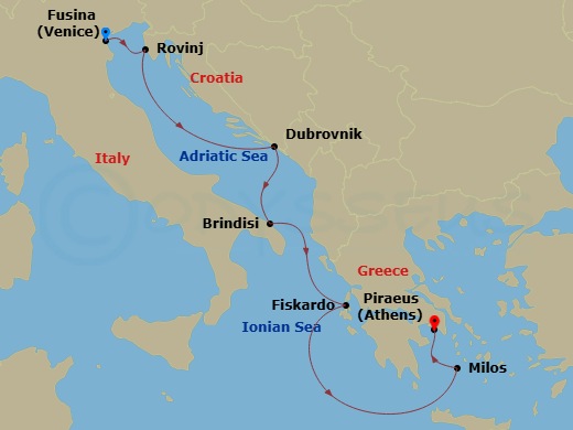 EXPLORA II - 7 Night - A Journey from Venetian Elegance to Stunning Nature & Tranquil Harbour Hues - EXPLORA II - Starting in Fusina (Venice), Rovinj, Dubrovnik, Croatia,.. itinerary map