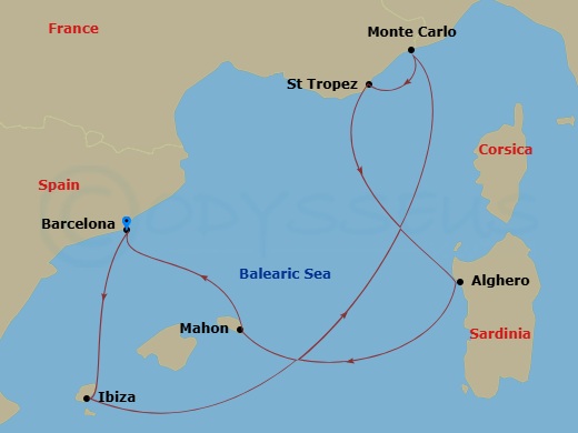 EXPLORA I - 7 Night - A Journey of Island Wonders & Serene Riviera Exploration - EXPLORA I - Starting in Barcelona, Ibiza, Mahon (Menorca), Alghero (Sardinia), Saint-Trop.. itinerary map