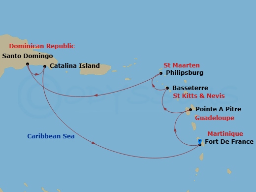 Costa Fascinosa - 7 Night - Western Caribbean from Fort De France - Costa Fascinosa - Starting in Fort-de-France, Pointe-a-Pitre, Basseterre, St Maarten (Philipsburg), Santo Do.. itinerary map