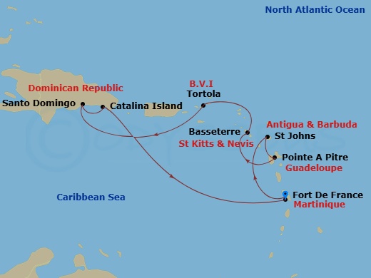 Costa Fascinosa - 8 Night - Western Caribbean from Fort De France - Costa Fascinosa - Starting in Fort-de-France, St Johns AG, Antigua, Pointe-a-Pitre, Basseterre, Tortola (Roa.. itinerary map