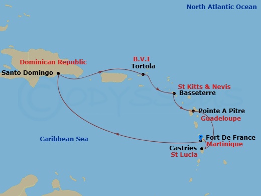 Costa Fascinosa - 7 Night - Western Caribbean from Fort De France - Costa Fascinosa - Starting in Fort-de-France, St Lucia Castries, Pointe-a-Pitre, Basseterre, Tortola (Road H.. itinerary map