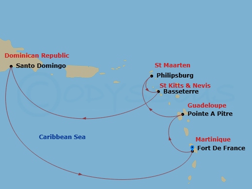 Costa Fascinosa - 6 Night - Western Caribbean from Fort De France - Costa Fascinosa - Starting in Fort-de-France, Pointe-a-Pitre, St Maarten (Philipsburg), Basseterre, Santo Do.. itinerary map