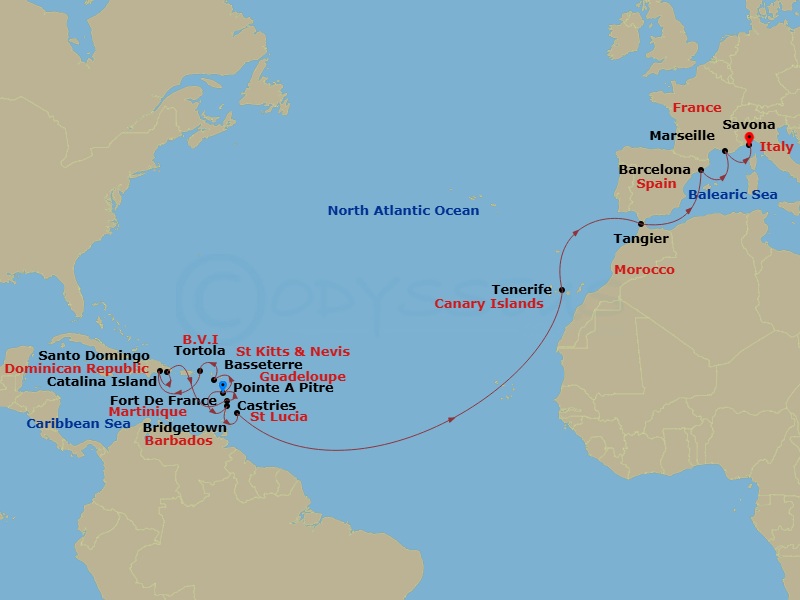 Costa Fascinosa - 22 Night - Transatlantic from Pointe a Pitre - Costa Fascinosa - Starting in Pointe-a-Pitre, Basseterre, Tortola (Road Harbour), Santo Domingo, Catalina Islan.. itinerary map