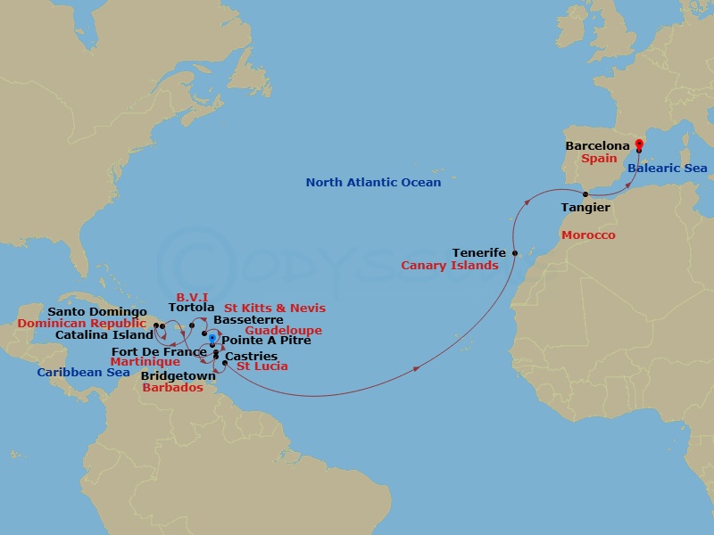 Costa Fascinosa - 20 Night - Transatlantic from Pointe a Pitre - Costa Fascinosa - Starting in Pointe-a-Pitre, Basseterre, Tortola (Road Harbour), Santo Domingo, Catalina Islan.. itinerary map