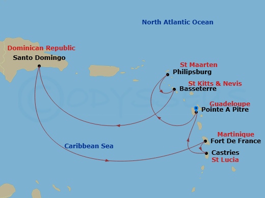 Costa Fascinosa - 7 Night - Western Caribbean from Pointe a Pitre - Costa Fascinosa - Starting in Pointe-a-Pitre, St Maarten (Philipsburg), Basseterre, Santo Domingo, Fort-de-F.. itinerary map