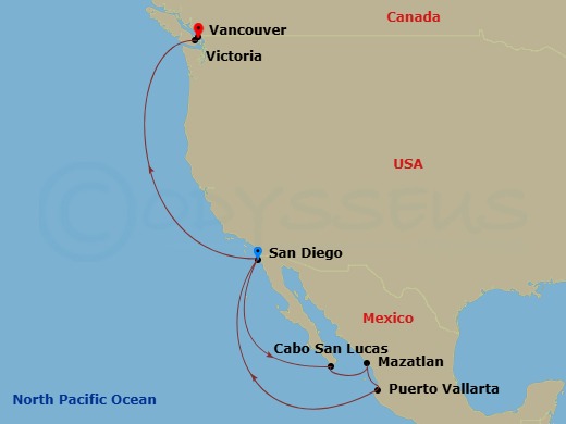 HAL Zaandam - 11 Night - Mexican Riviera & Pacific Coast - HAL Zaandam - Starting in San Diego, California, Cabo San Lucas, Mexico, Mazatlan, Mexico, Puerto Vallarta, Mexic.. itinerary map